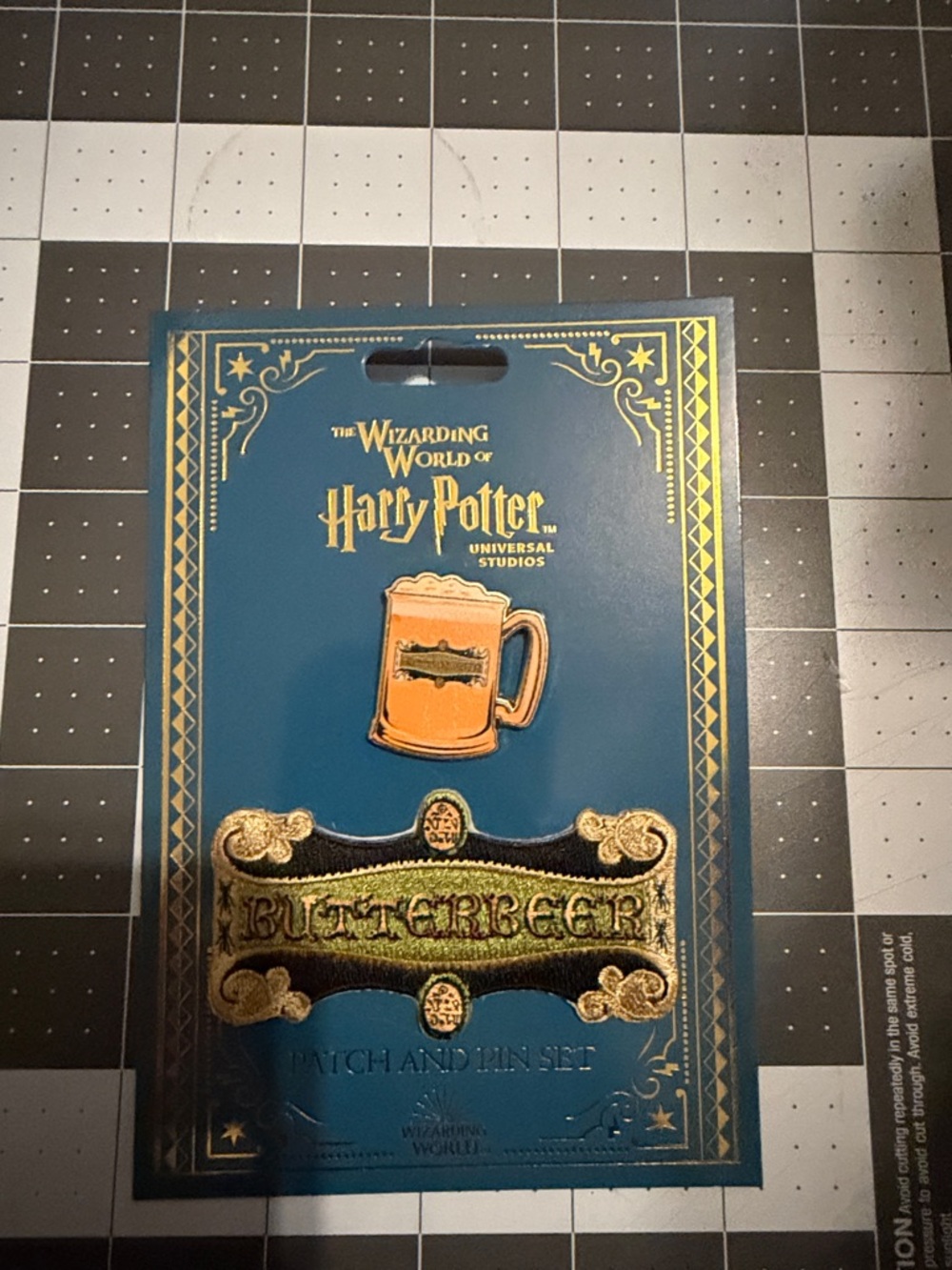 Harry Potter Butterbeer Patch & Pin Set - Gold and Tan on Blue
